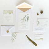 watercolor green leaf wedding invitation