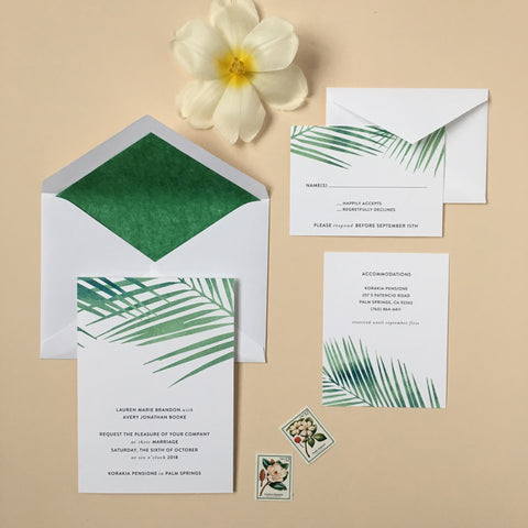 modern palm leaf wedding invitation